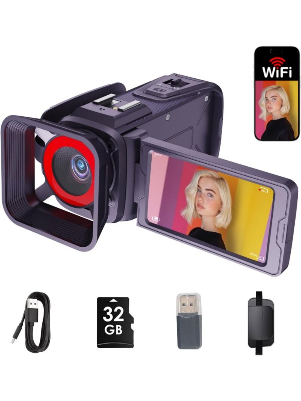 4K Camcorder with 64MP, WiFi, 18X Zoom, 3" Flip Screen, 32GB Card & Reader
